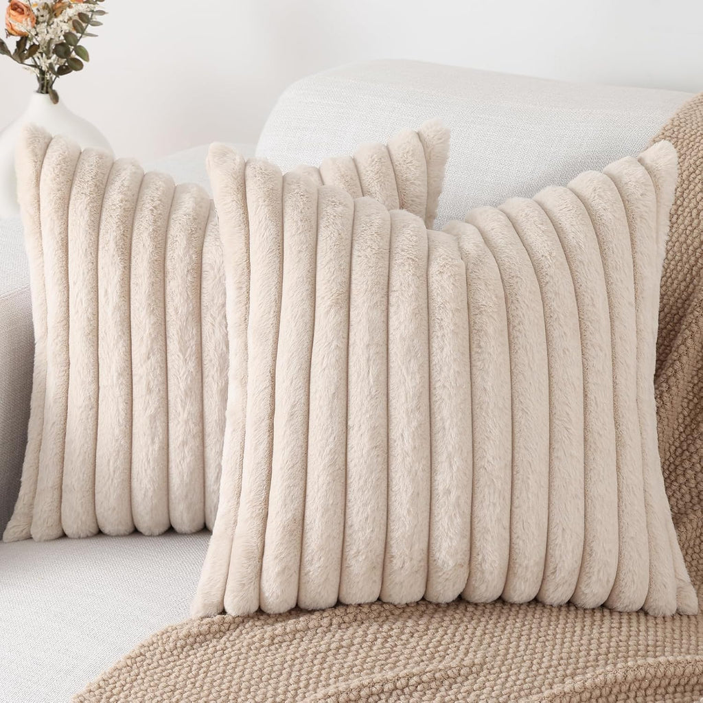 Cream White Striped Faux Fur Pillow Covers