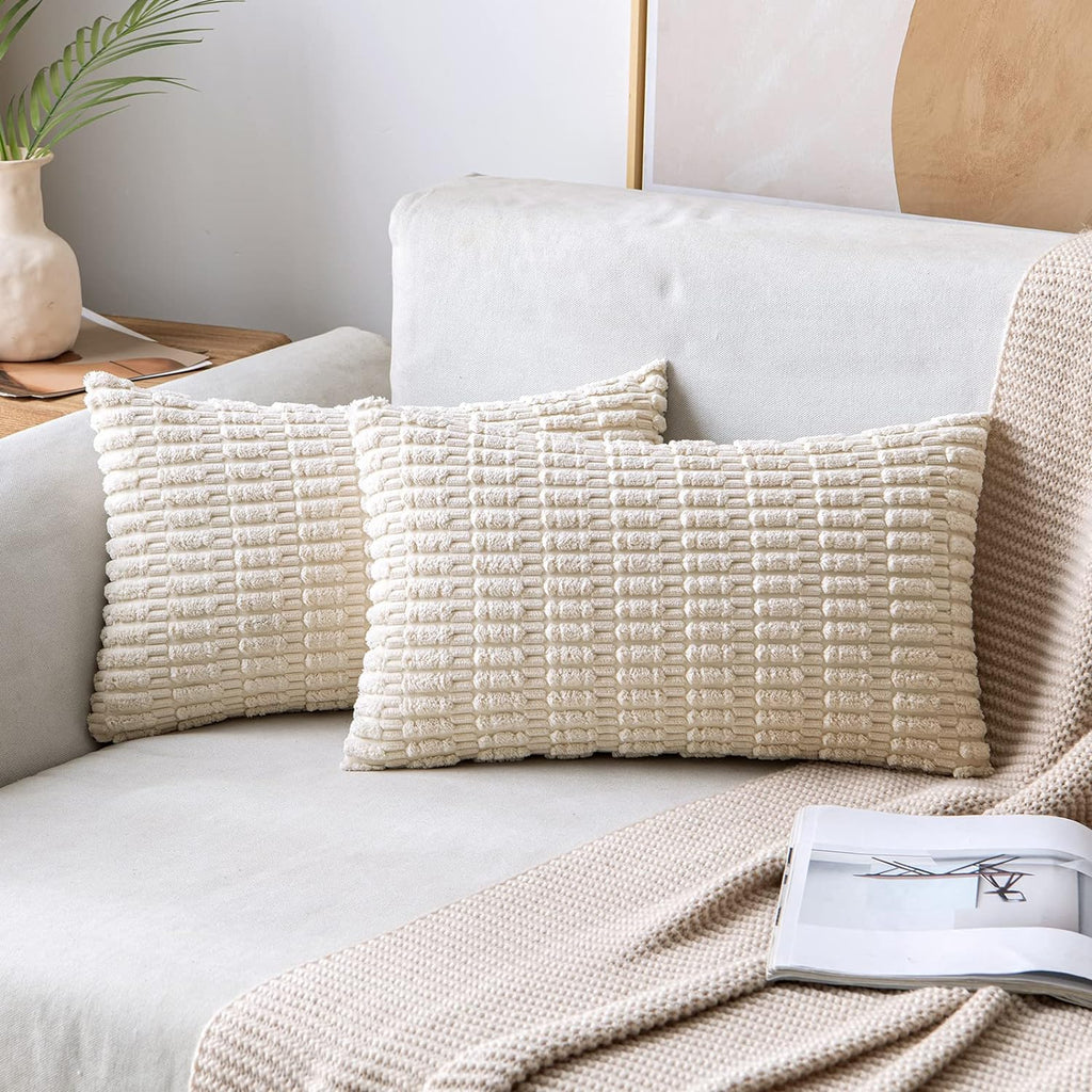 Cream White Boho Corduroy Striped Pillow Covers