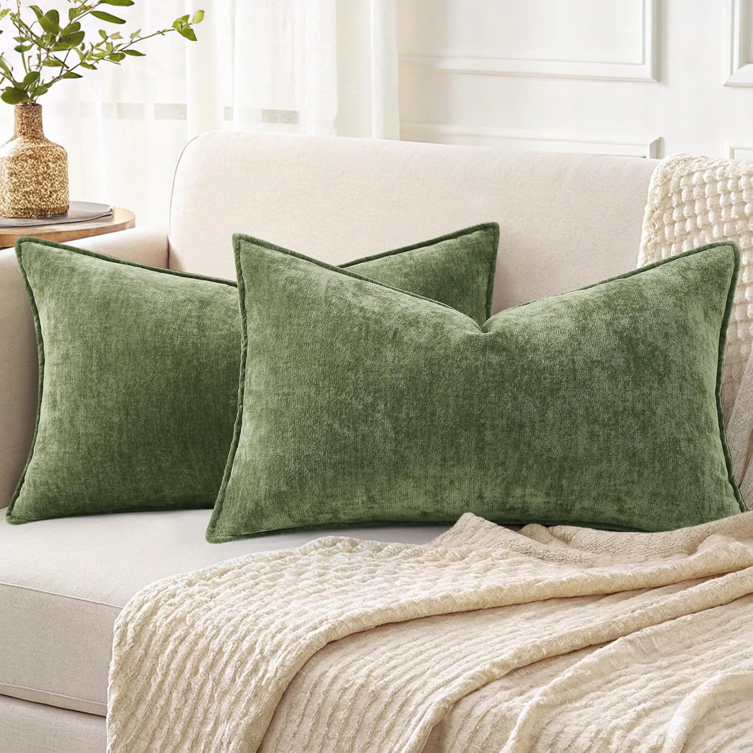 Beige Chenille Throw Pillow Covers Set of 2