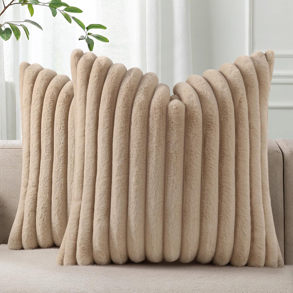 Cream White Striped Faux Fur Pillow Covers
