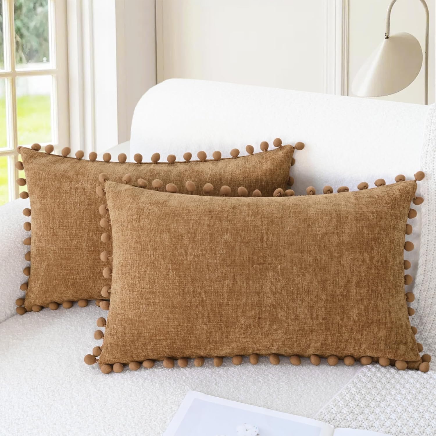 Apricot Brown Chenille Pillow Covers with Pom Poms