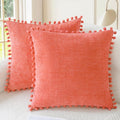 Apricot Brown Chenille Pillow Covers with Pom Poms