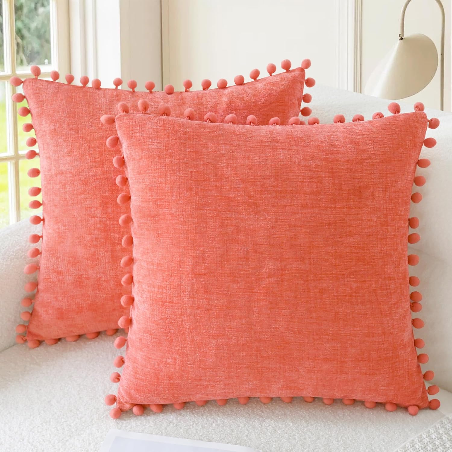 Apricot Brown Chenille Pillow Covers with Pom Poms