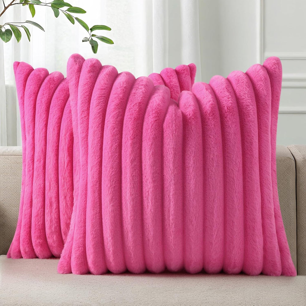 Cream White Striped Faux Fur Pillow Covers