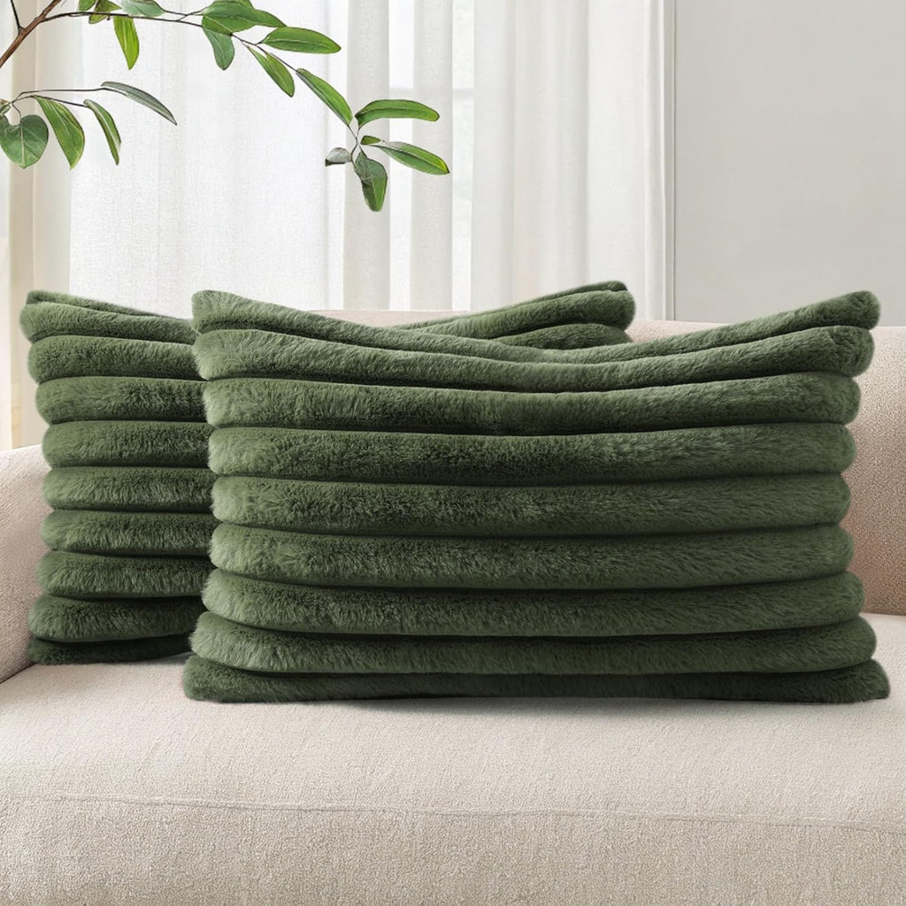 Cream White Striped Faux Fur Pillow Covers