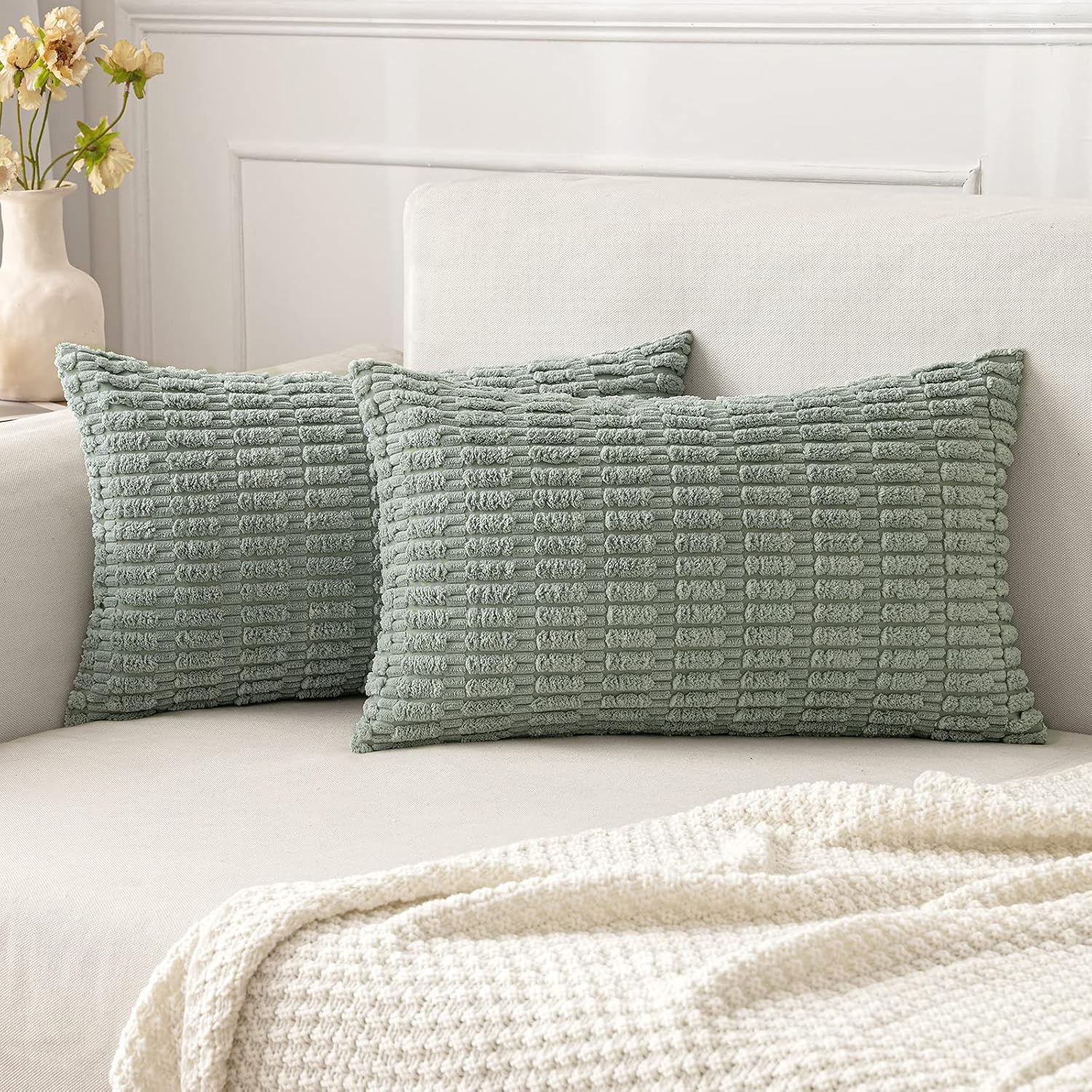 Cream White Boho Corduroy Striped Pillow Covers