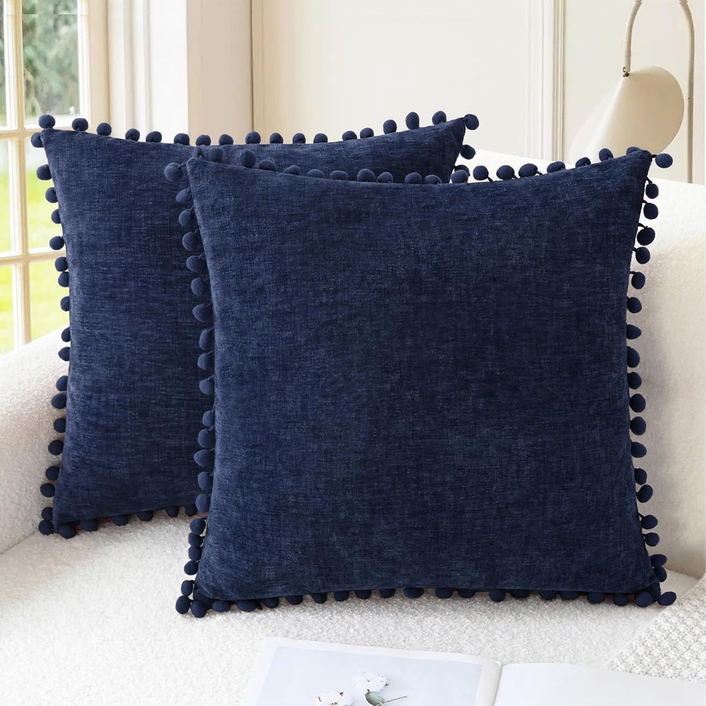 Apricot Brown Chenille Pillow Covers with Pom Poms