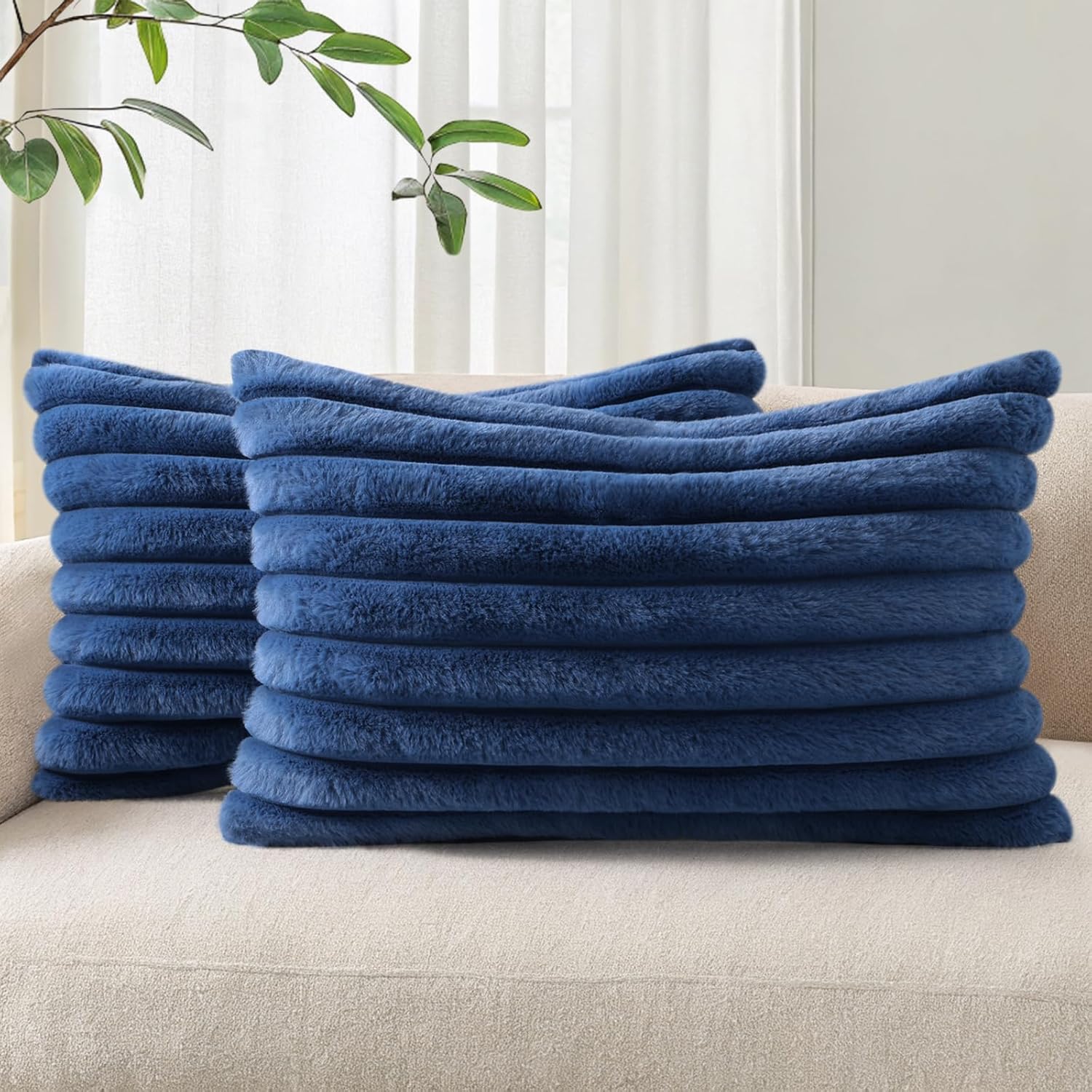 Cream White Striped Faux Fur Pillow Covers