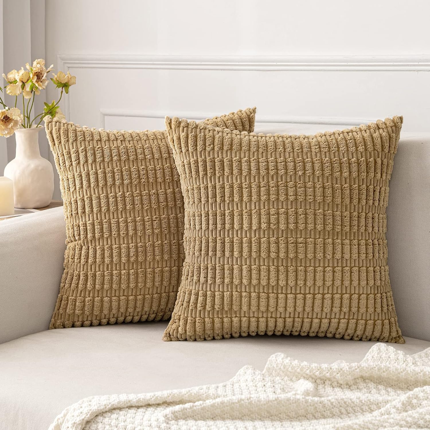 Cream White Boho Corduroy Striped Pillow Covers