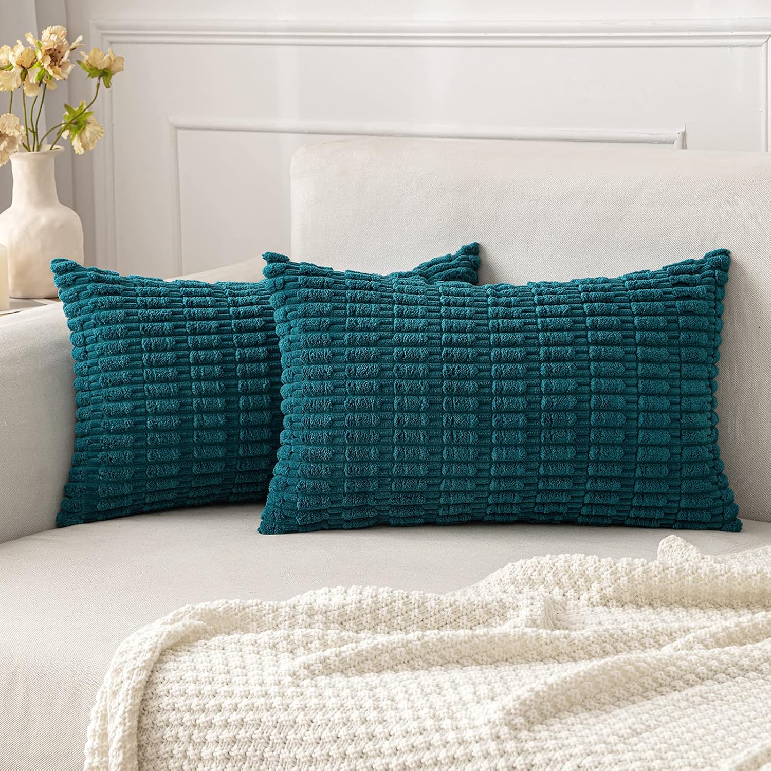 Cream White Boho Corduroy Striped Pillow Covers