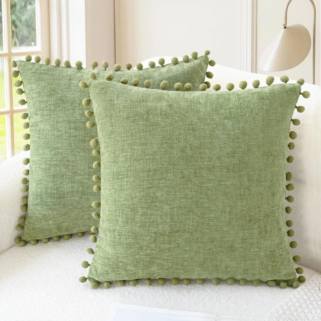 Apricot Brown Chenille Pillow Covers with Pom Poms