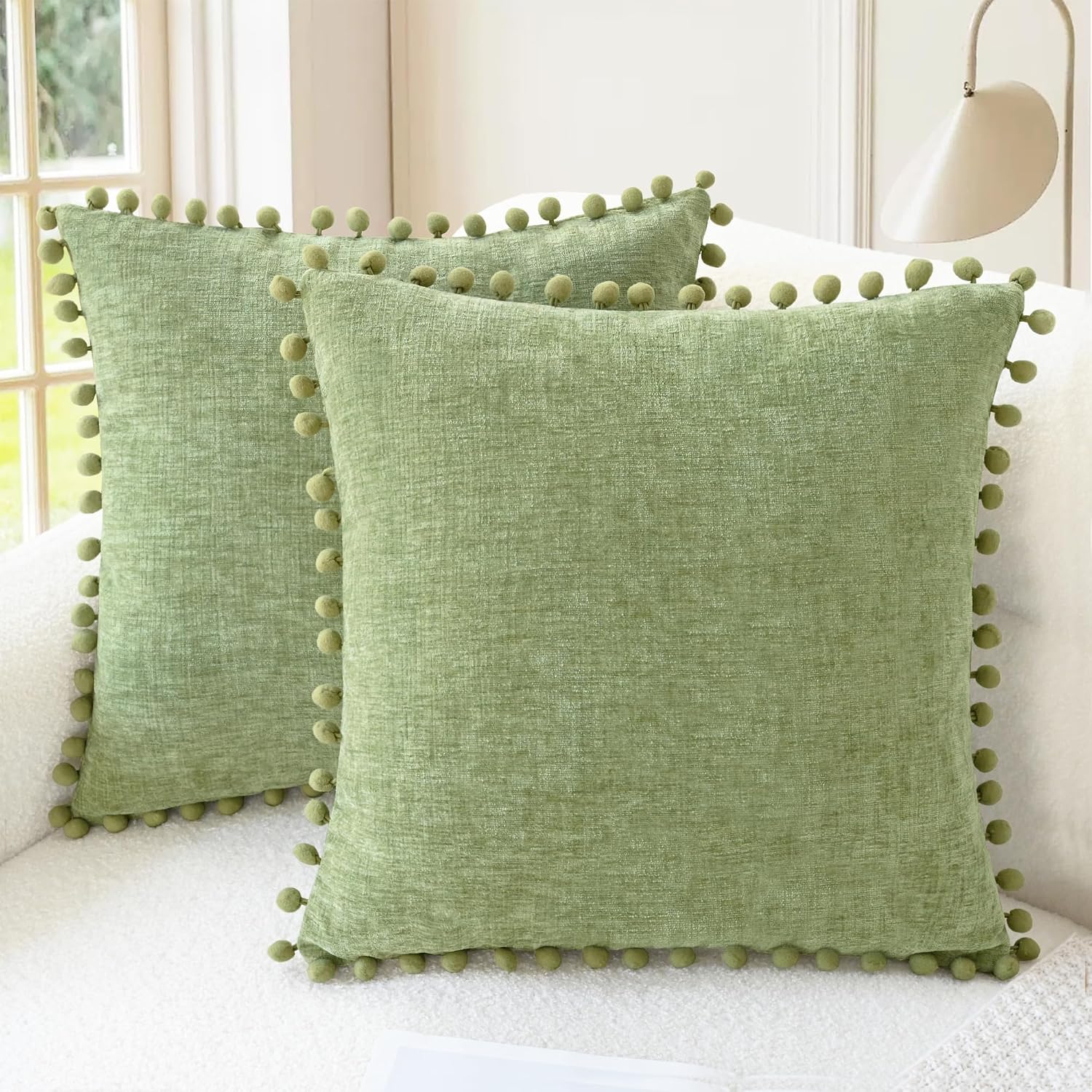 Apricot Brown Chenille Pillow Covers with Pom Poms