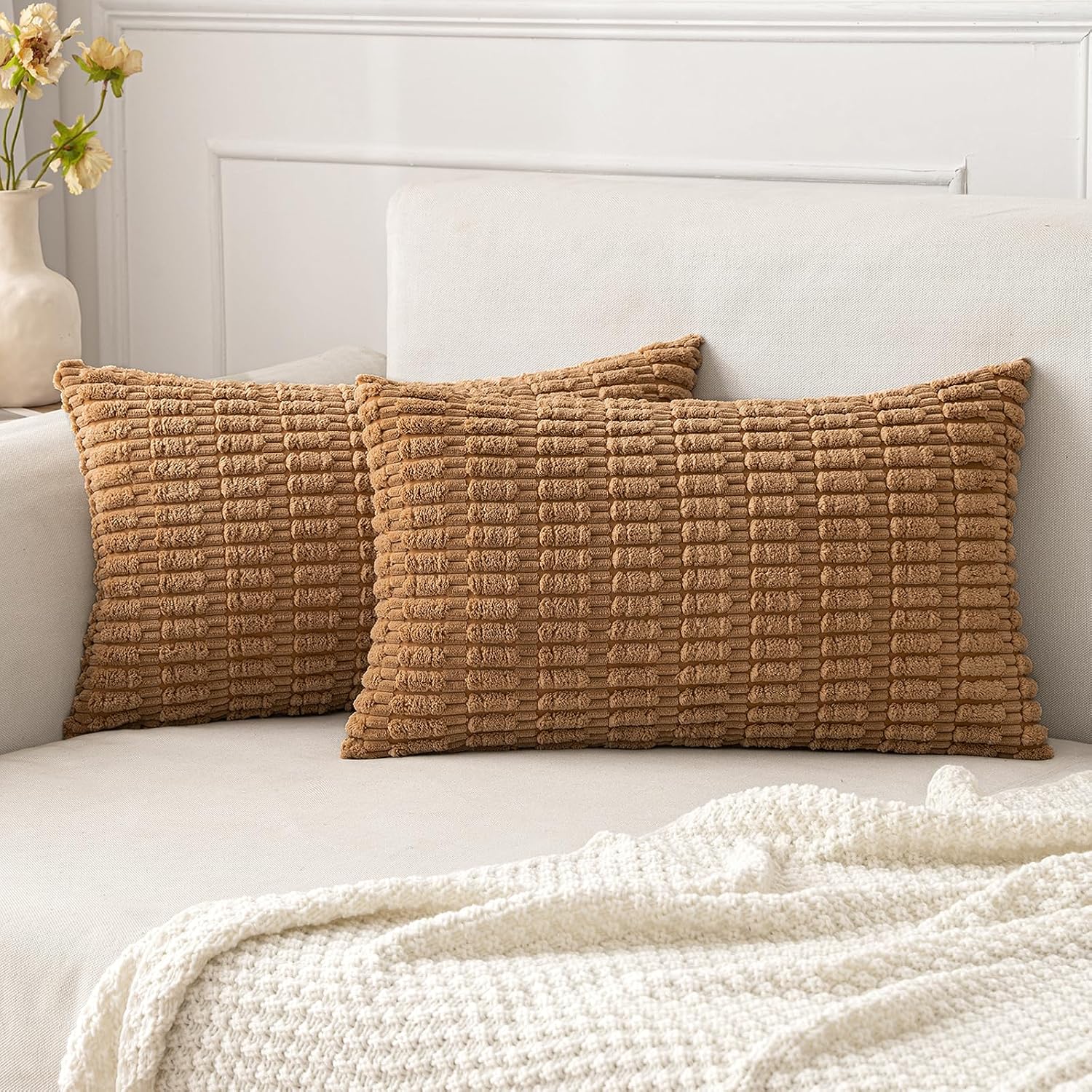 Cream White Boho Corduroy Striped Pillow Covers