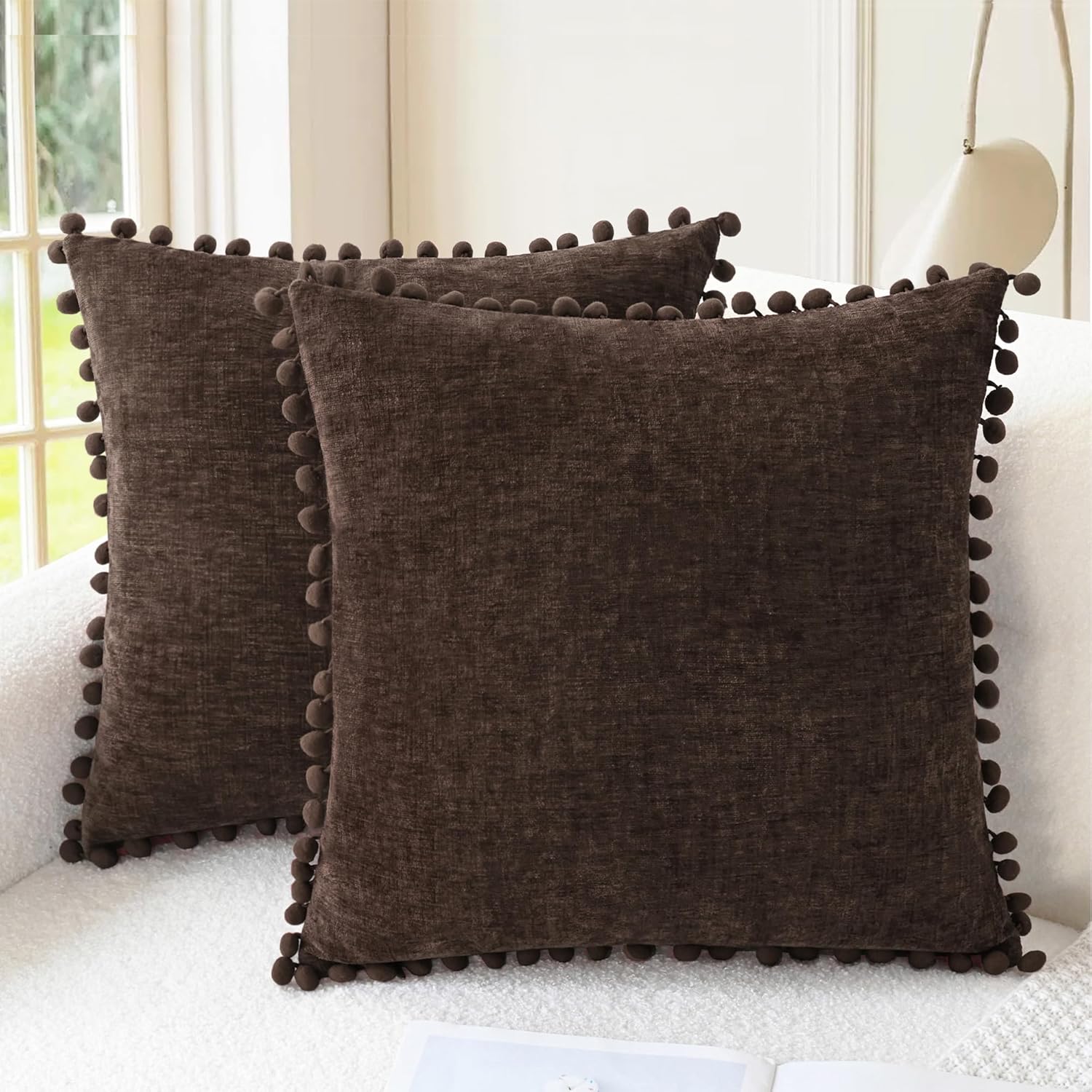 Apricot Brown Chenille Pillow Covers with Pom Poms