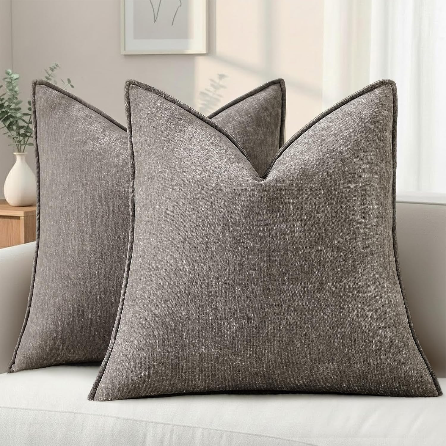 Beige Chenille Throw Pillow Covers Set of 2