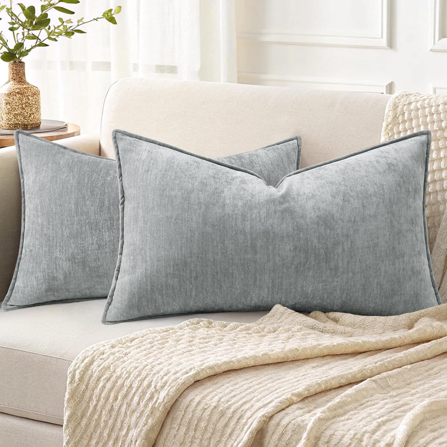 Beige Chenille Throw Pillow Covers Set of 2