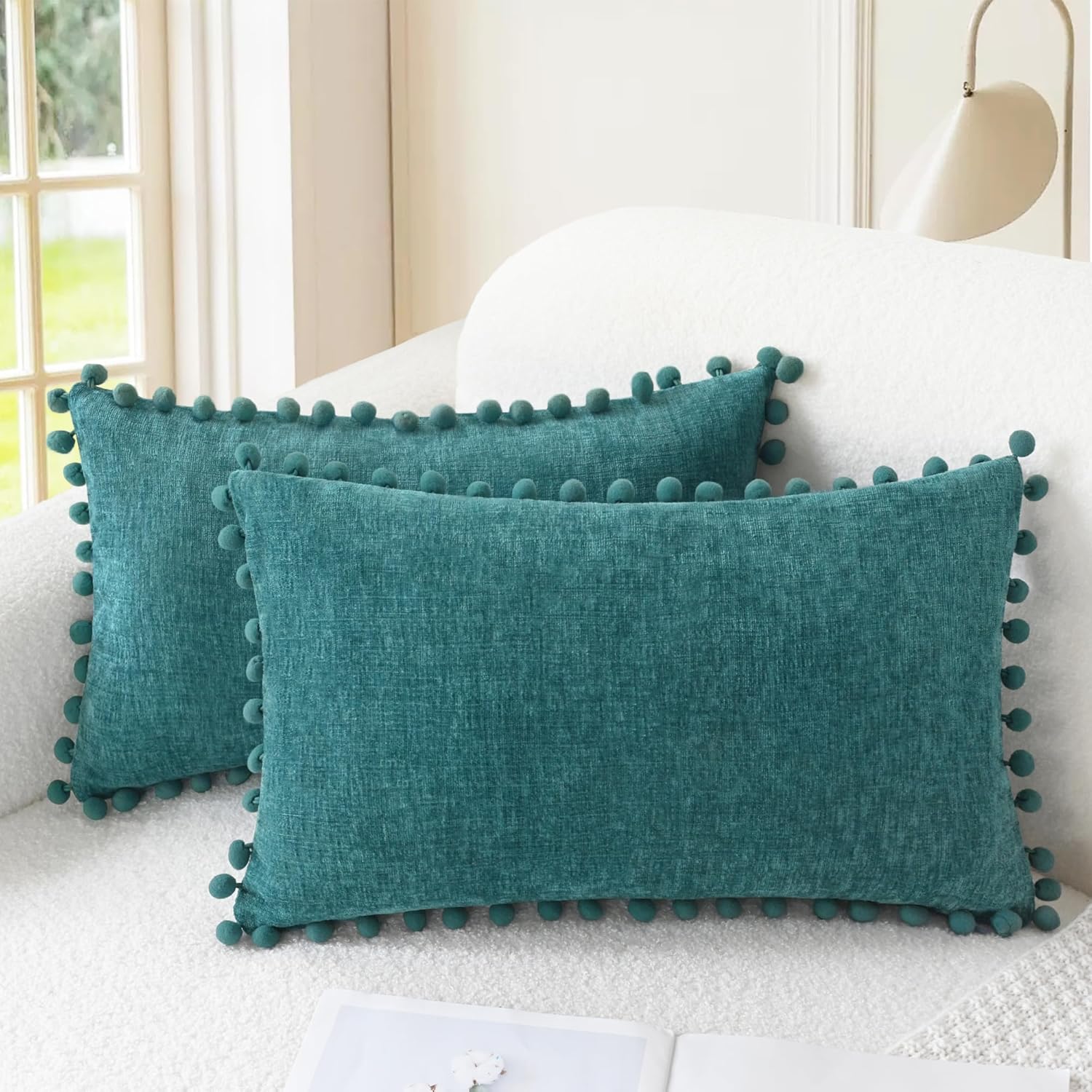 Apricot Brown Chenille Pillow Covers with Pom Poms