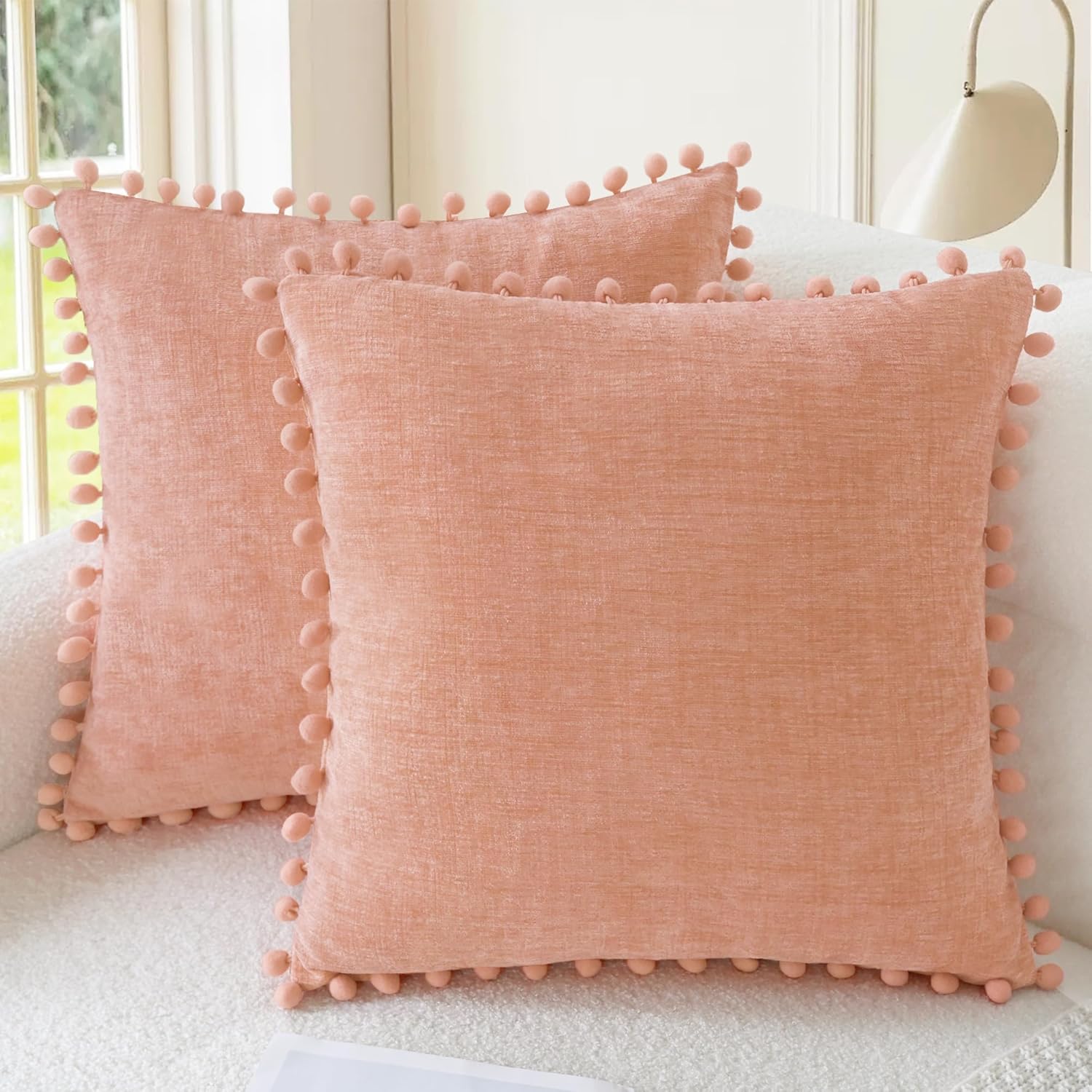 Apricot Brown Chenille Pillow Covers with Pom Poms