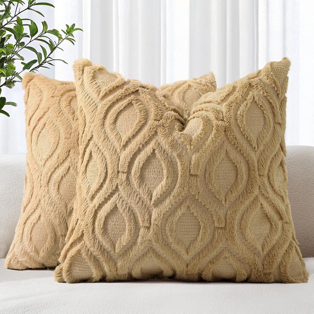 Beige Faux Wool Throw Pillow Covers Set of 2